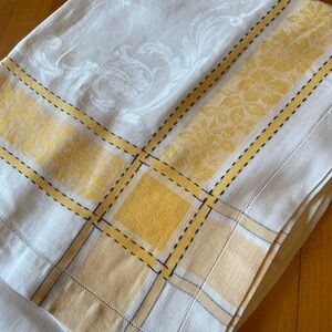 White damask with yellow edging-100% linen, vintage